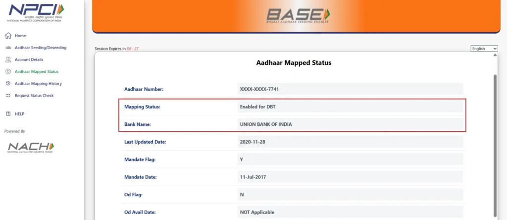 Aadhaar to bank account seeding (NPCI Mapping) status (image 3)